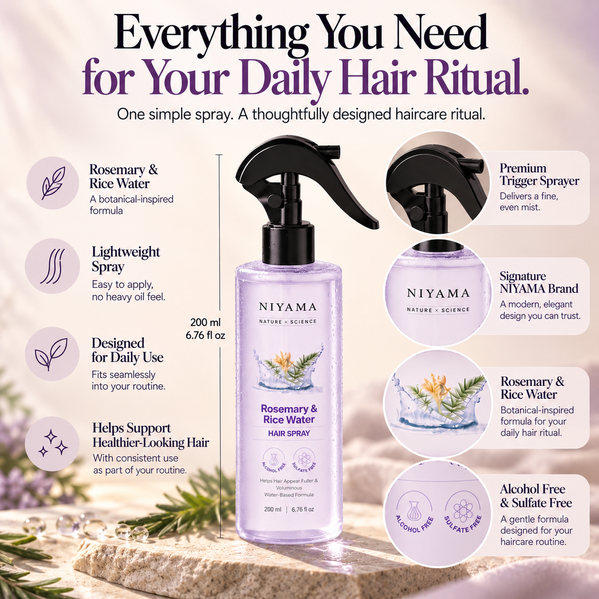 Rosemary Water Spray for Hair Growth & Hair Thickness with Rice Water | 100% Natural Extract | Soft & Smooth Hair 200ml